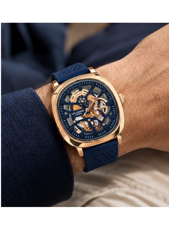 Lee Cooper London Men's Automatic Skeleton Watch – Gold & Blue, Silicone Strap | Dune Style