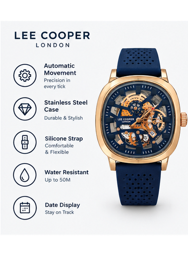 Lee Cooper London Men's Automatic Skeleton Watch – Gold & Blue, Silicone Strap | Dune Style
