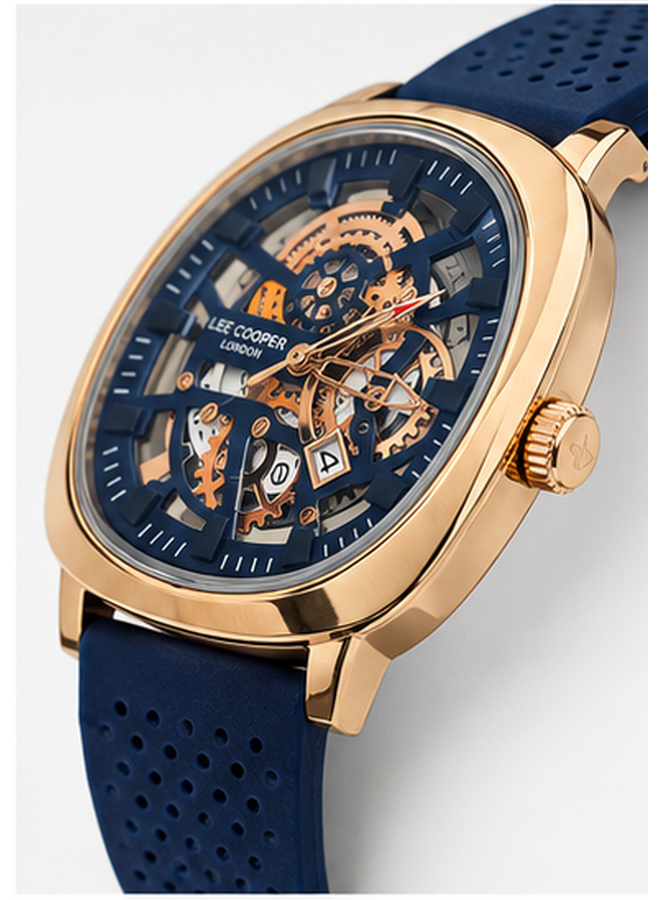 Lee Cooper London Men's Automatic Skeleton Watch – Gold & Blue, Silicone Strap | Dune Style