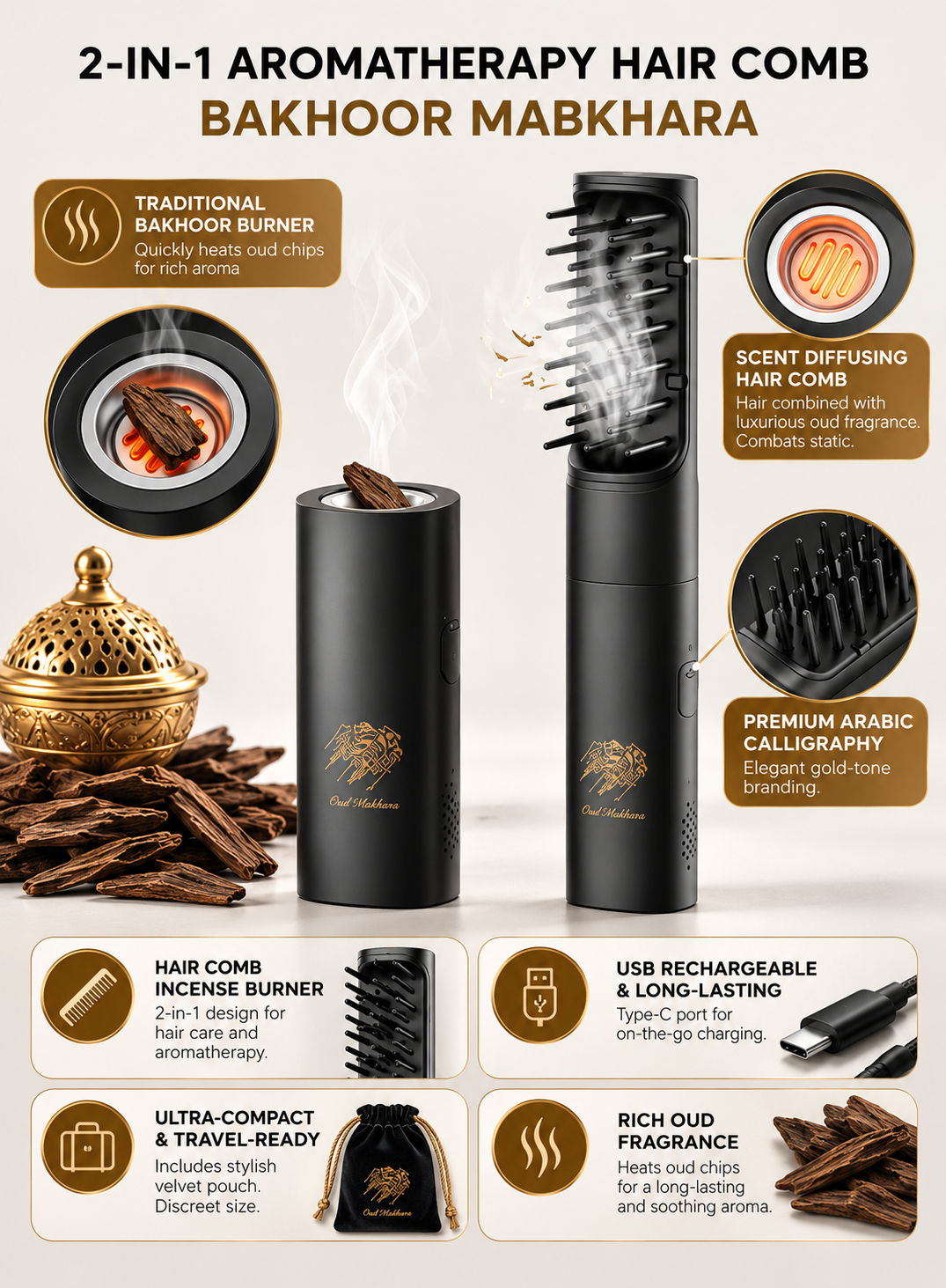 2-in-1 Electric Oud Hair Comb & Bakhoor Incense Burner – USB Rechargeable | Dune Style
