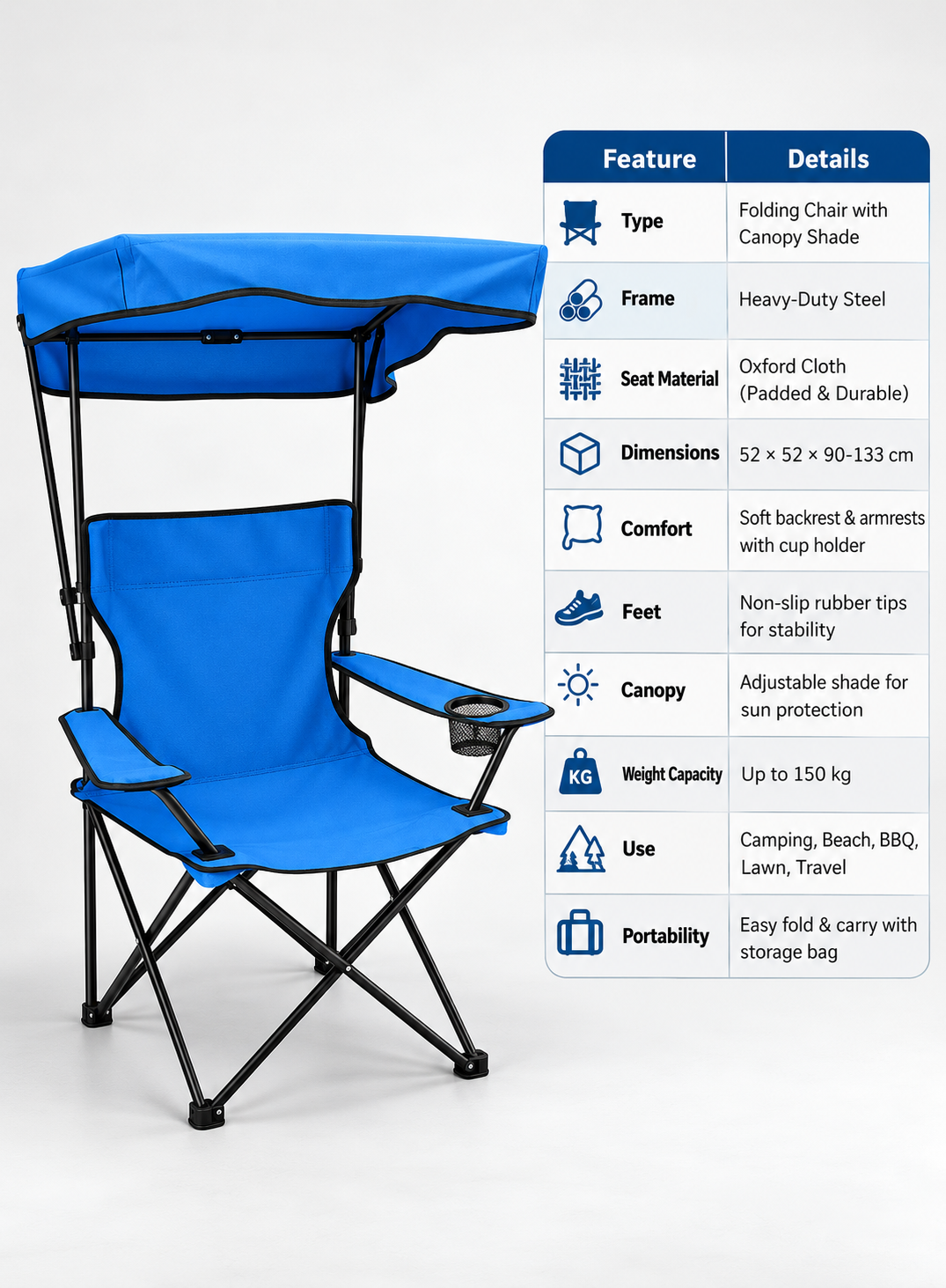 Folding Camping Chair with Canopy Shade, Cup Holder & Steel Frame | Dune Style