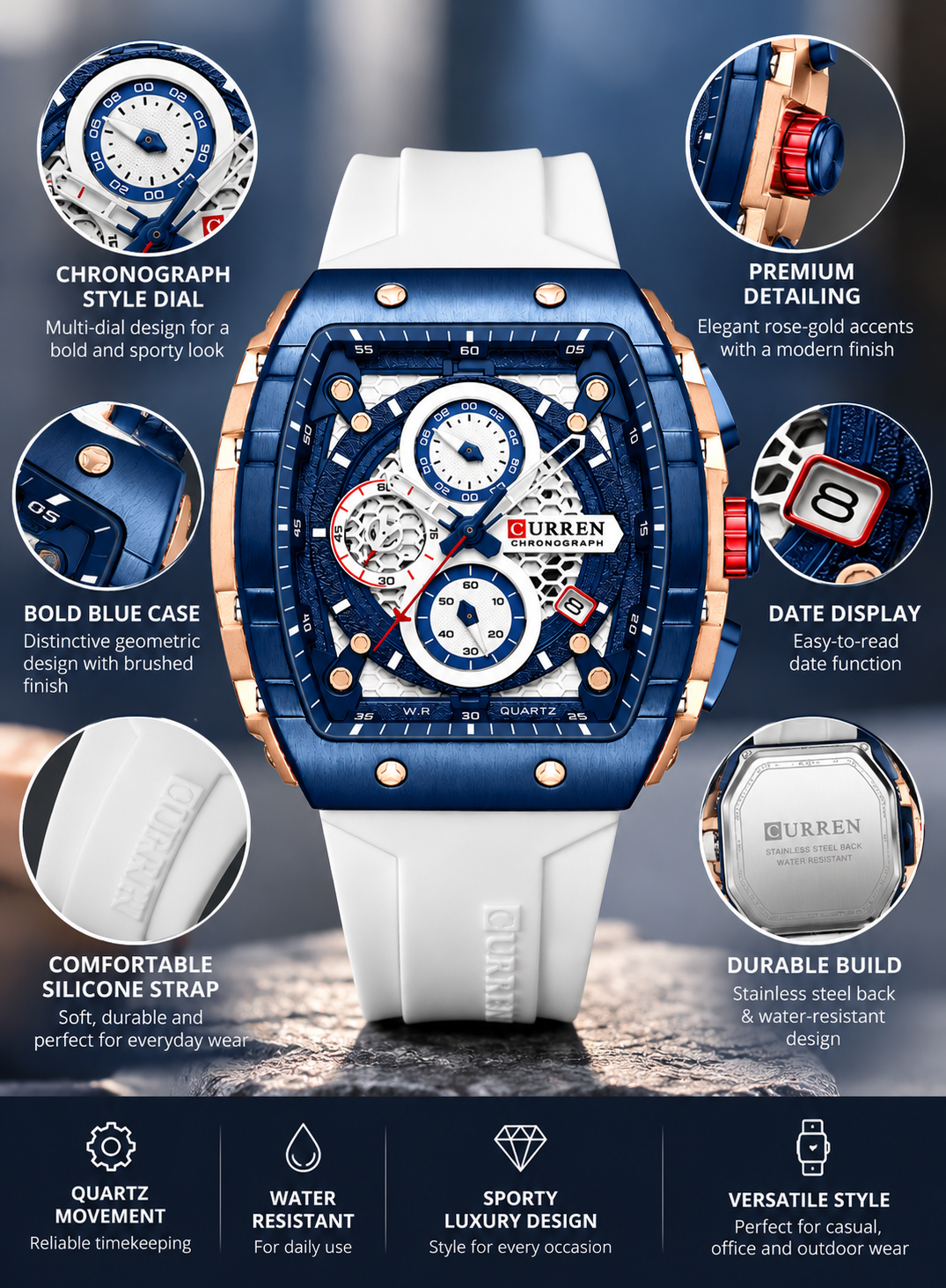 Curren Quartz Chronograph Watch - White Silicone Strap