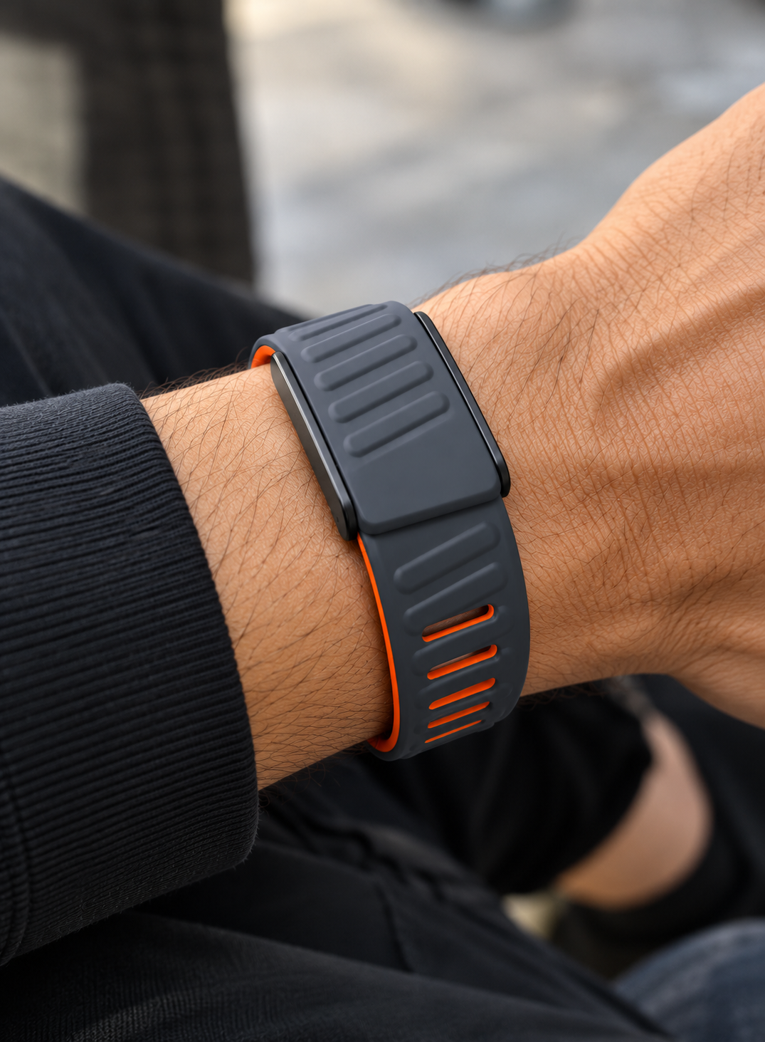Charcoal Gray & Orange Sports Watch Band – Breathable Silicone Strap