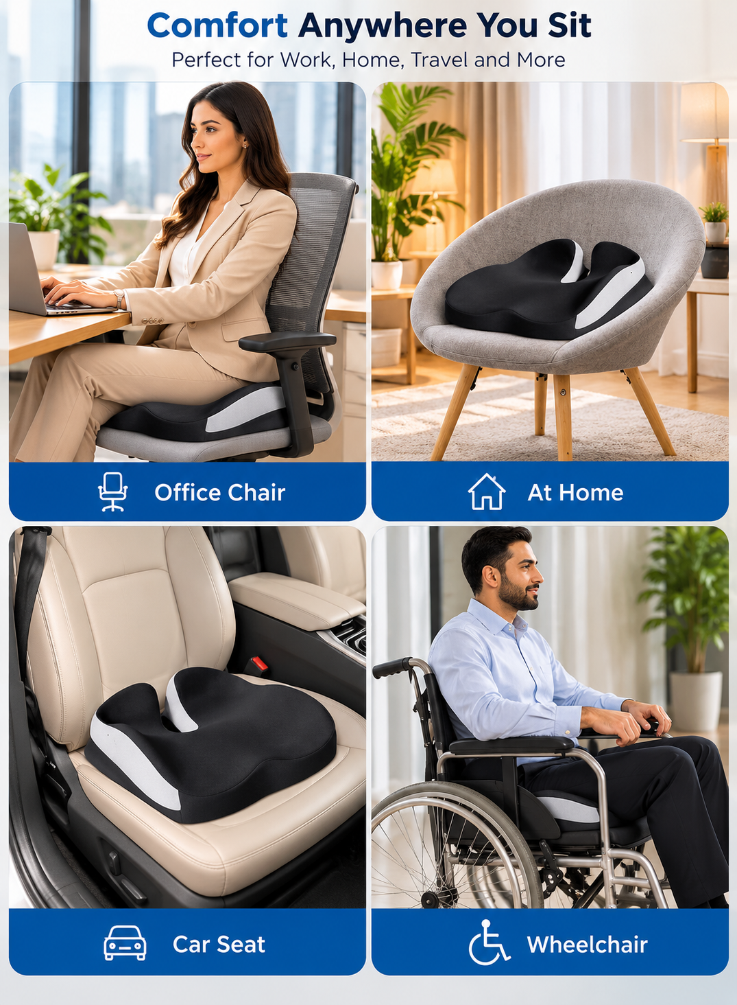 Ergonomic Seat Cushion for Tailbone & Back Support – Black & Grey | Dune Style