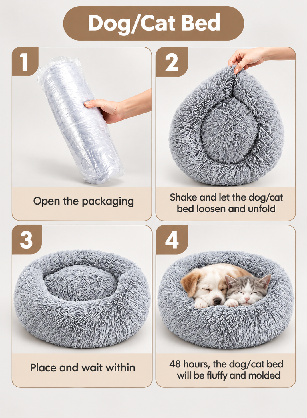 Grey Fluffy Dog & Cat Bed – Soft Plush Donut Calming Pet Bed