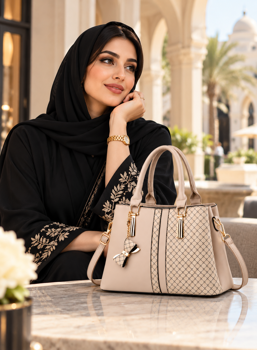 Women's Elegant Beige Handbag with Triple Compartments & Gold Hardware