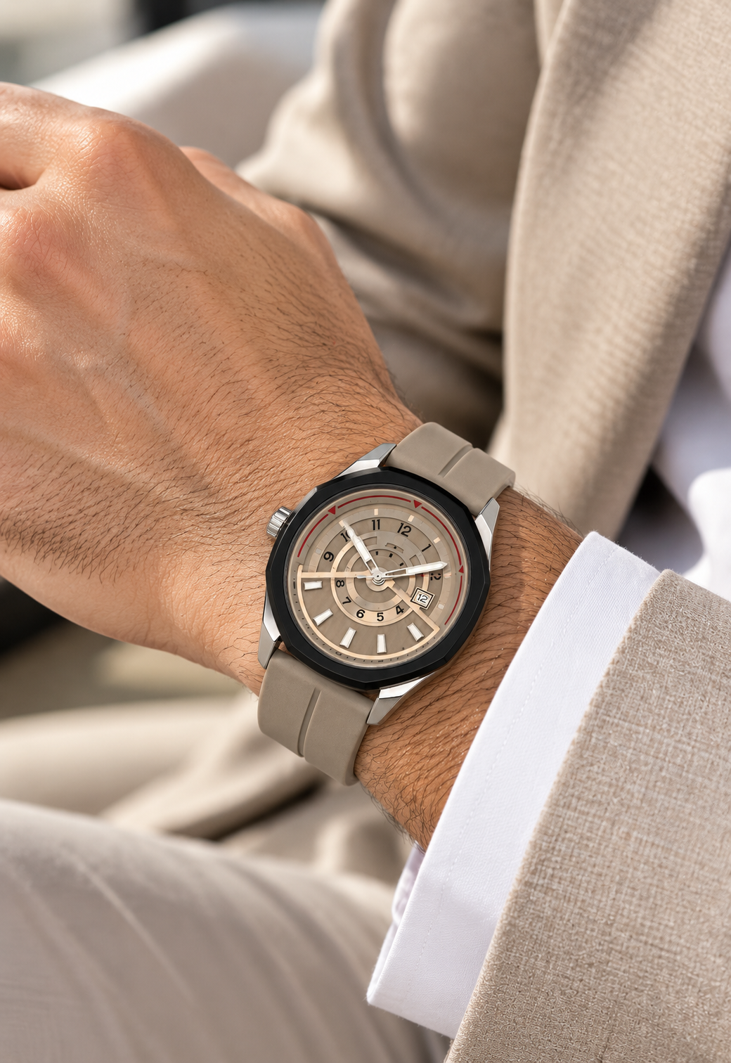 Men’s Luxury Analog Watch – Beige Strap, Black Bezel & Date Display | Dune Style