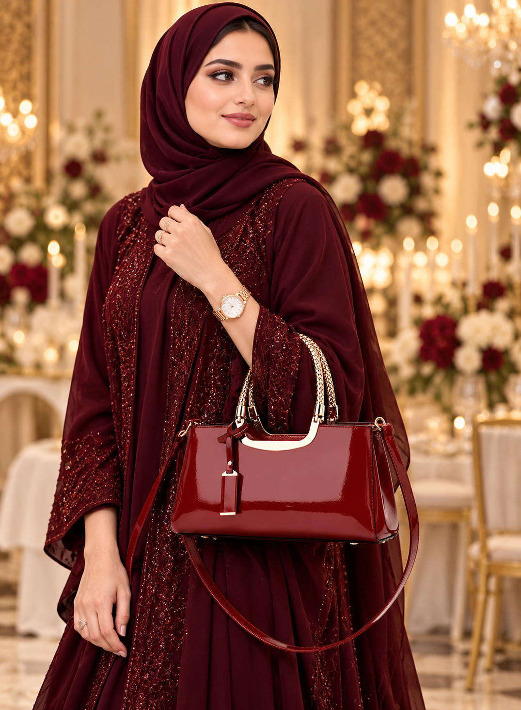 Women's Burgundy Red Handbag with Gold Braided Handles & Shoulder Strap