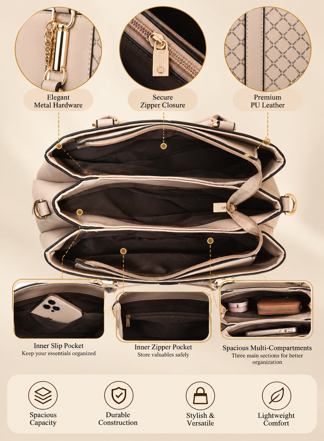Women's Elegant Beige Handbag with Triple Compartments & Gold Hardware