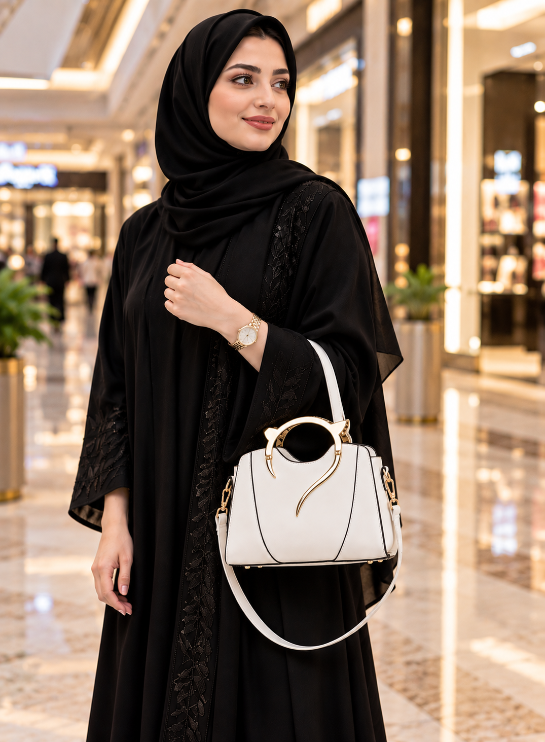 Elegant Women's White Handbag – Unique Gold Handle Design