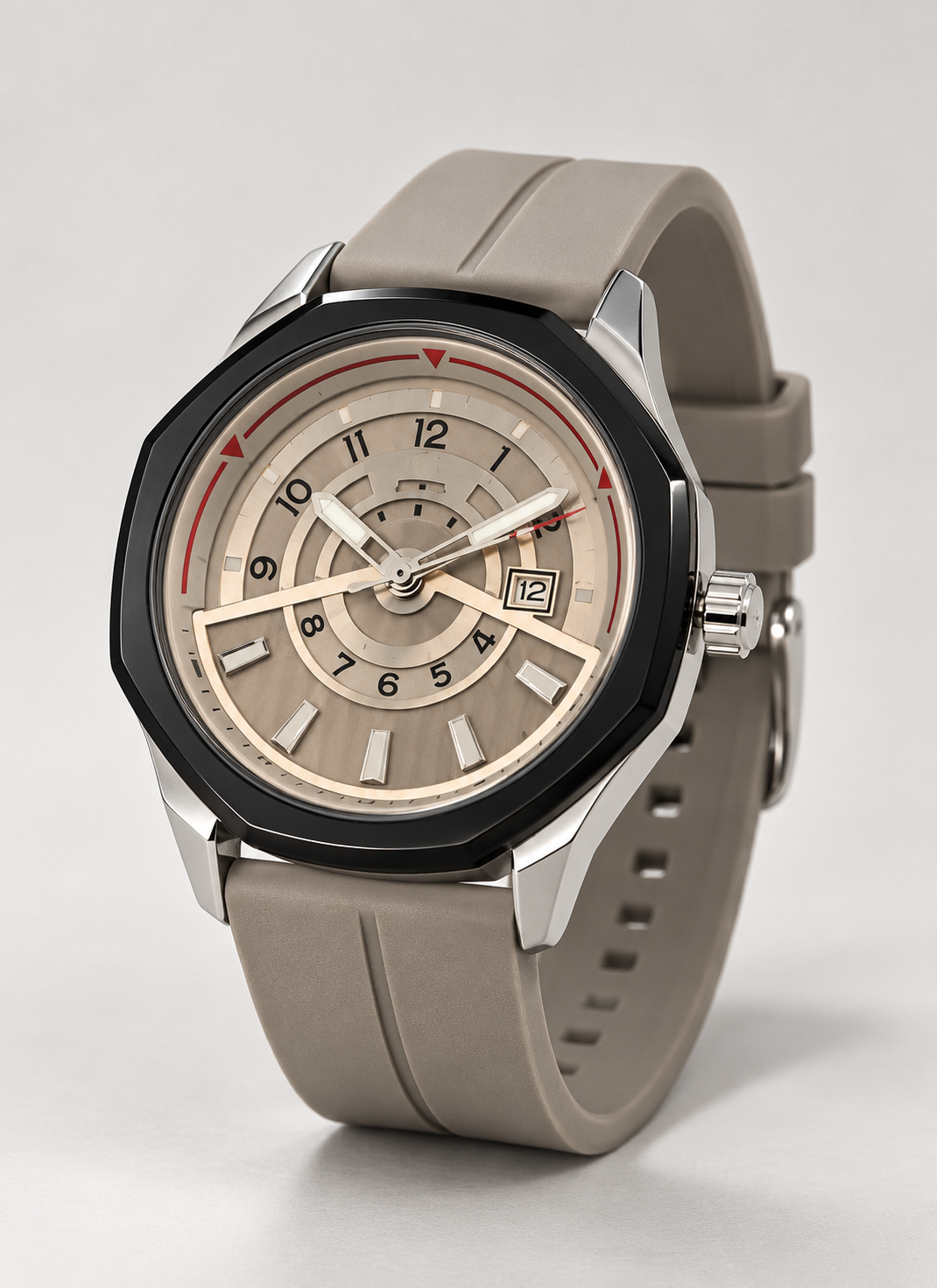 Men’s Luxury Analog Watch – Beige Strap, Black Bezel & Date Display | Dune Style