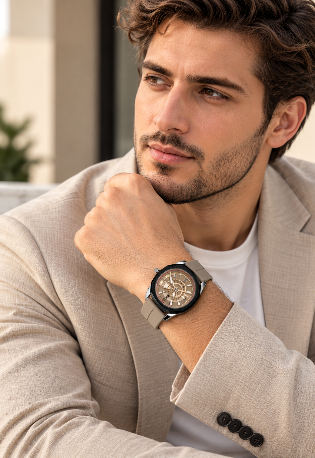 Men’s Luxury Analog Watch – Beige Strap, Black Bezel & Date Display | Dune Style