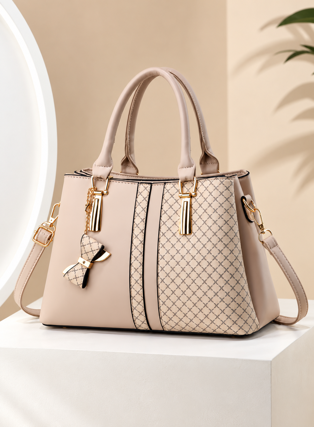 Women's Elegant Beige Handbag with Triple Compartments & Gold Hardware