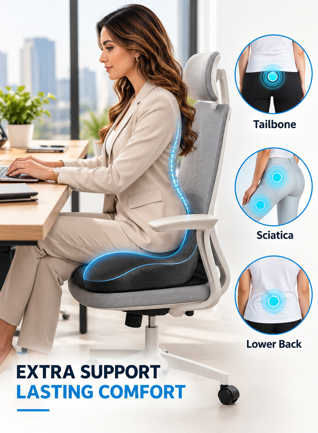 Ergonomic Seat Cushion for Tailbone & Back Support – Black & Grey | Dune Style