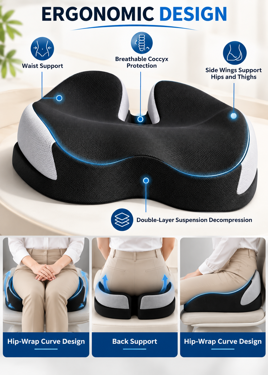 Ergonomic Seat Cushion for Tailbone & Back Support – Black & Grey | Dune Style