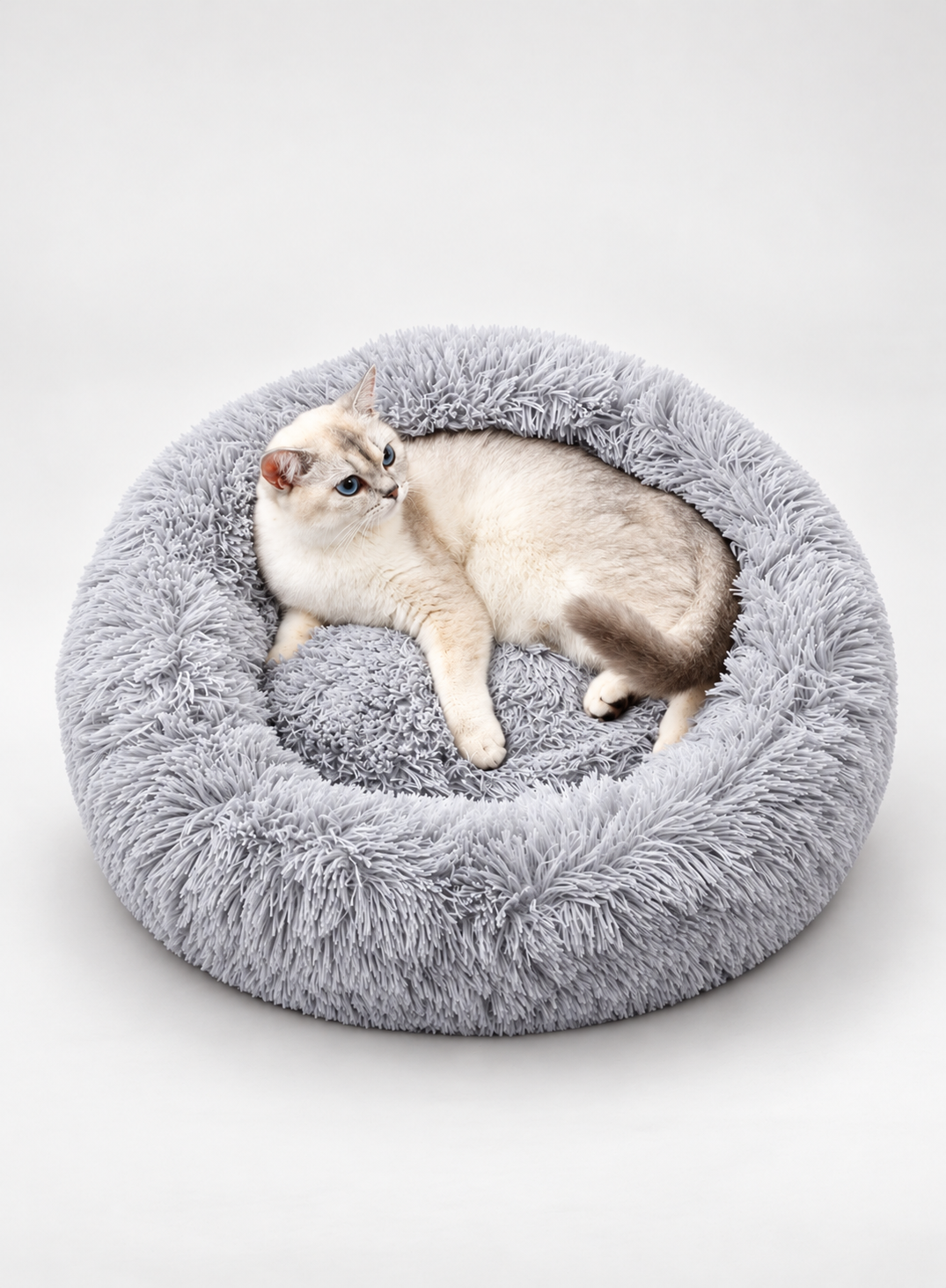 Grey Fluffy Dog & Cat Bed – Soft Plush Donut Calming Pet Bed