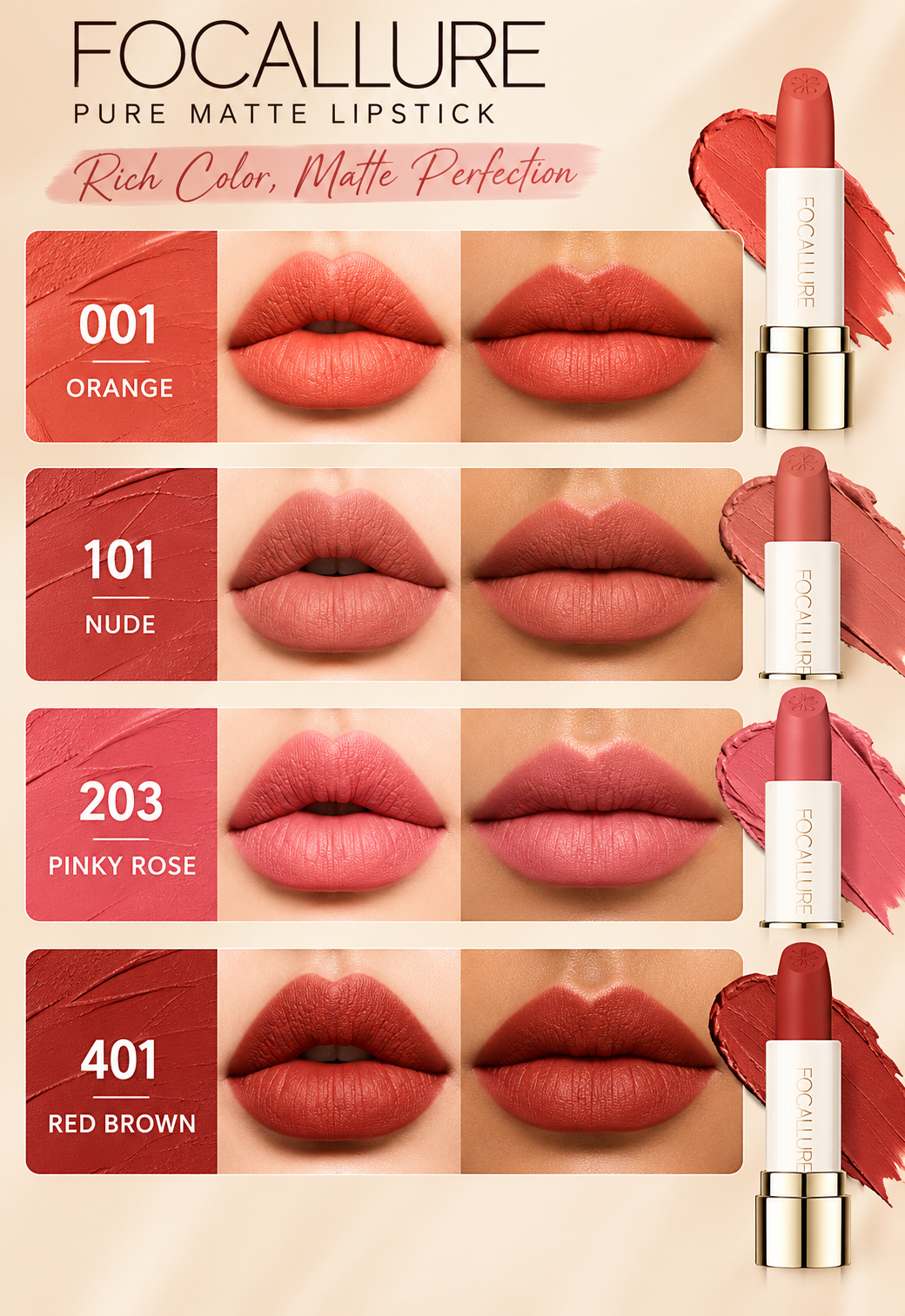 Focallure Matte Lipstick Pinky Rose 203 - Hydrating & Waterproof | Dune Style