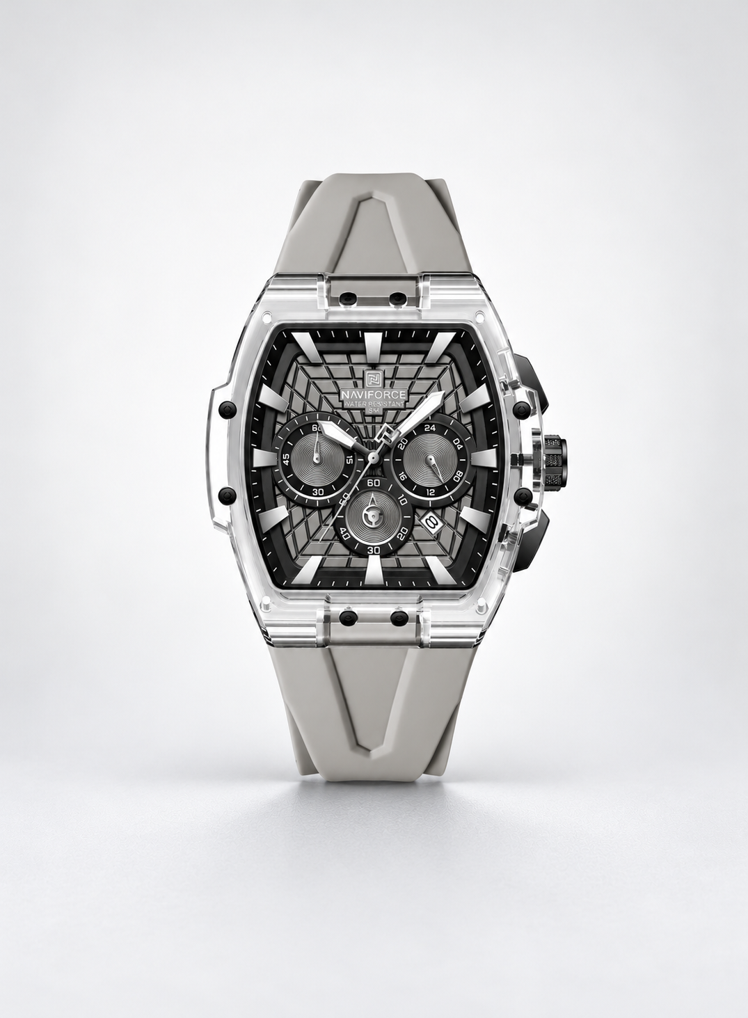 NAVIFORCE Men's Grey Strap Chronograph Sports Watch – Black & Silver Dial