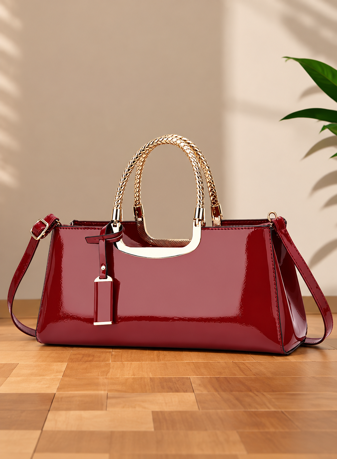 Women's Burgundy Red Handbag with Gold Braided Handles & Shoulder Strap