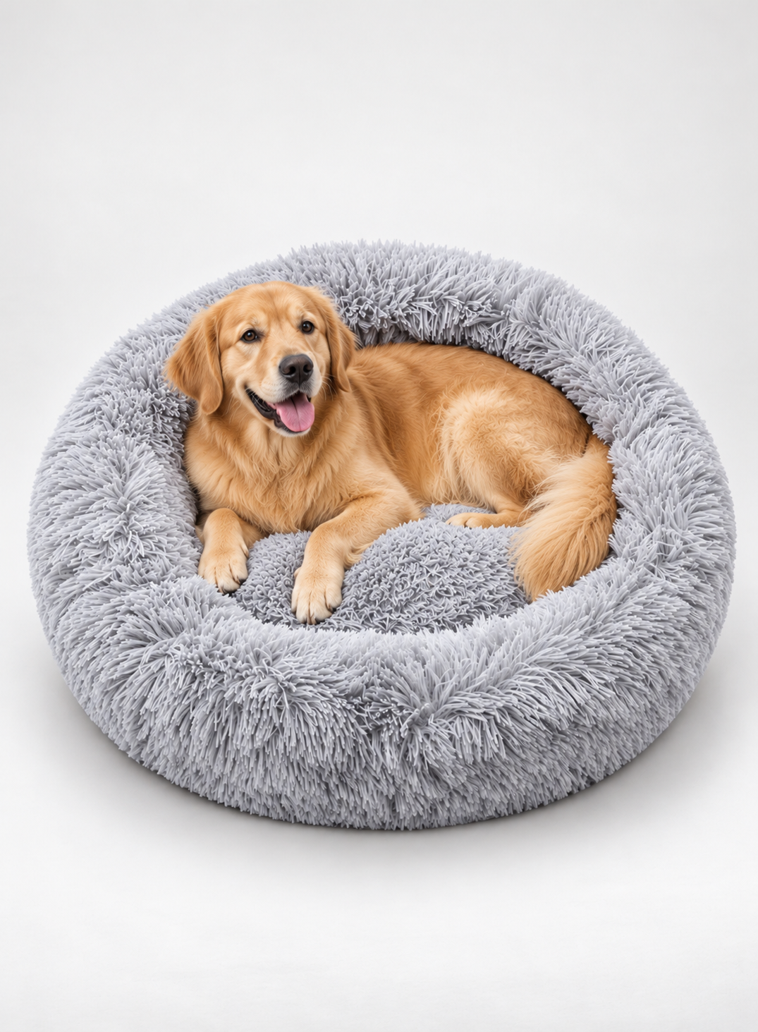 Grey Fluffy Dog & Cat Bed – Soft Plush Donut Calming Pet Bed