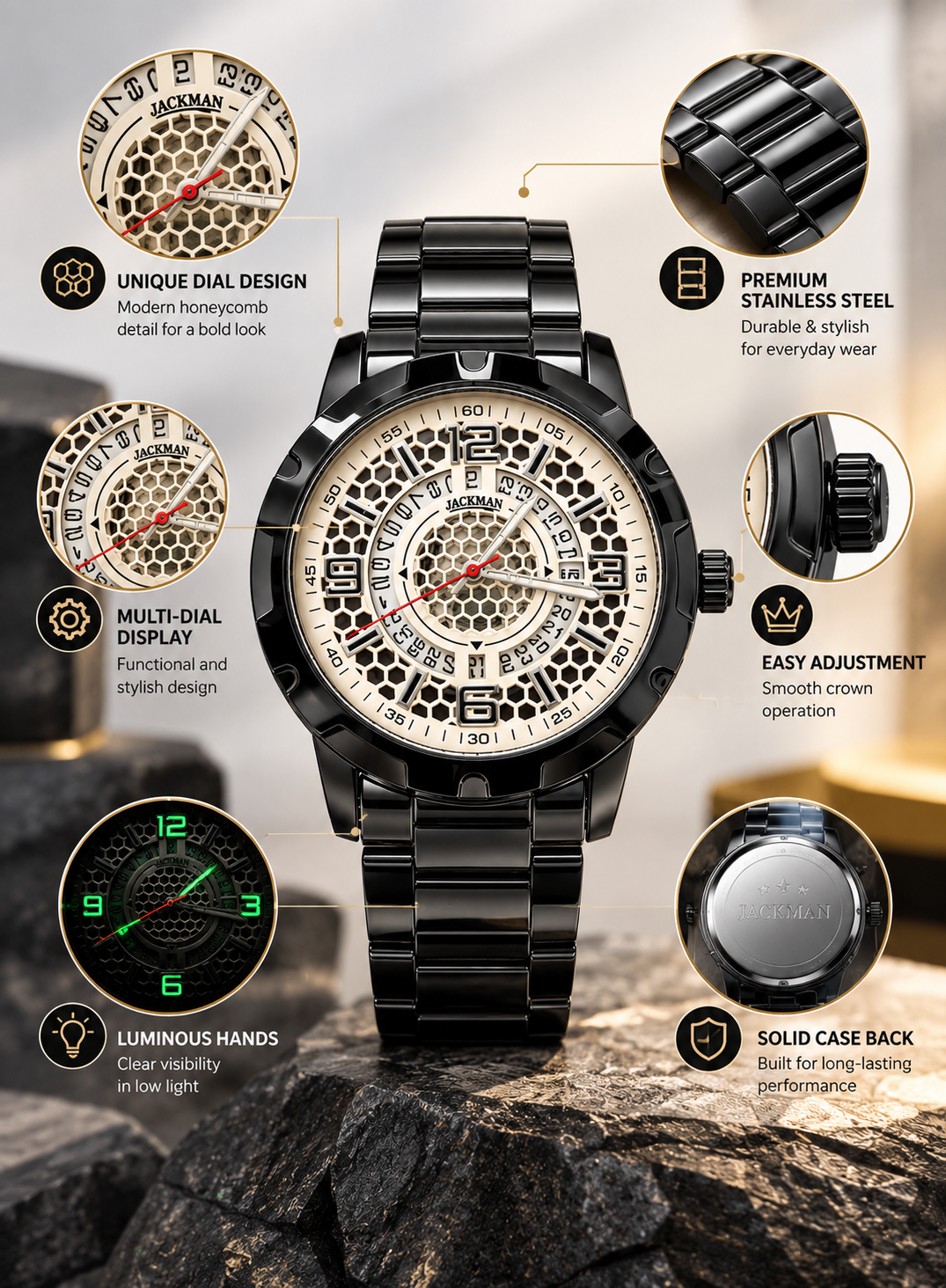Jackman Men’s Luxury Black Stainless Steel Honeycomb Dial Watch | Dune Style