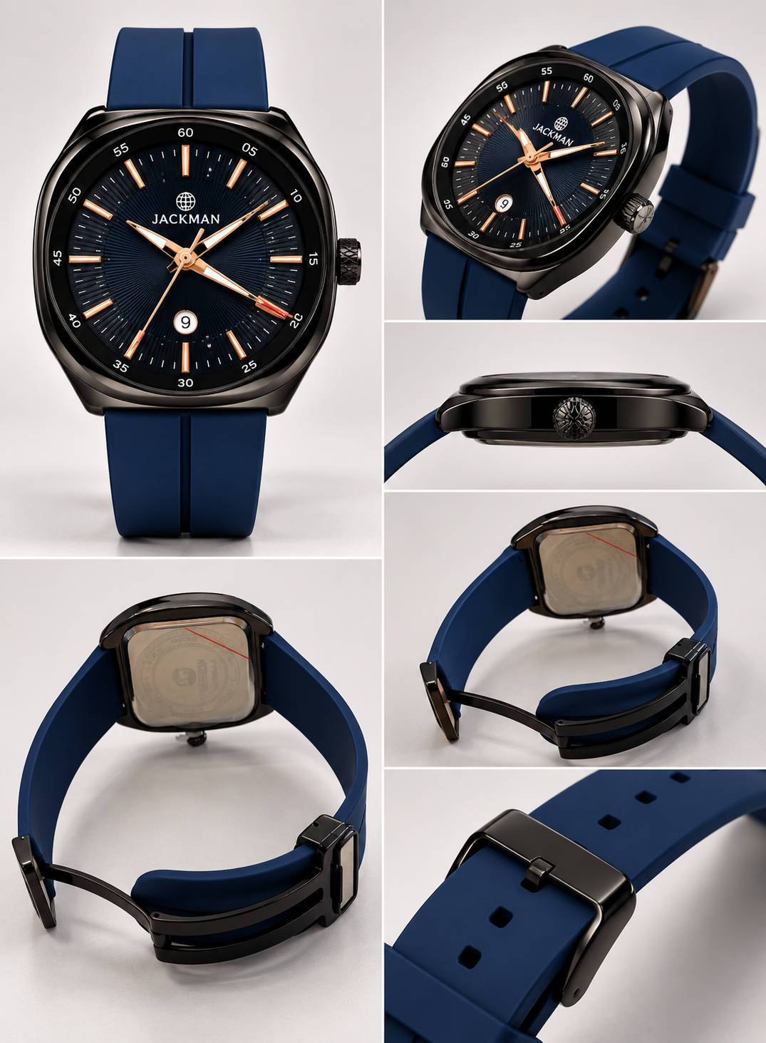 Jackman Men’s Black Luxury Watch - Navy Silicone Strap & Date Display | Dune Style