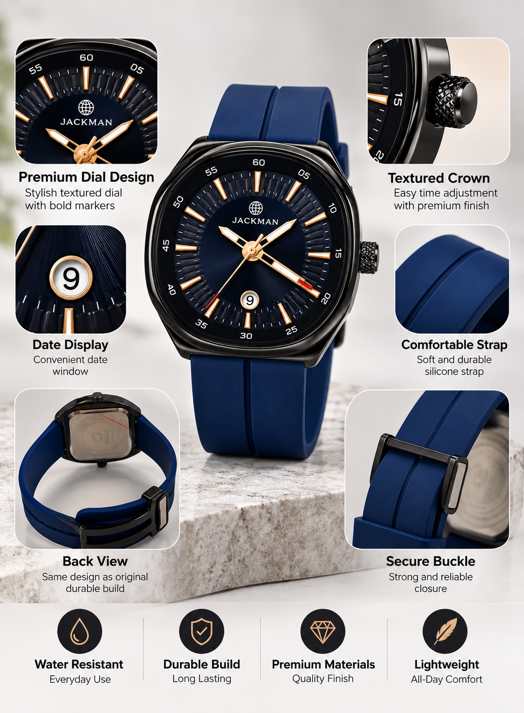 Jackman Men’s Black Luxury Watch - Navy Silicone Strap & Date Display | Dune Style
