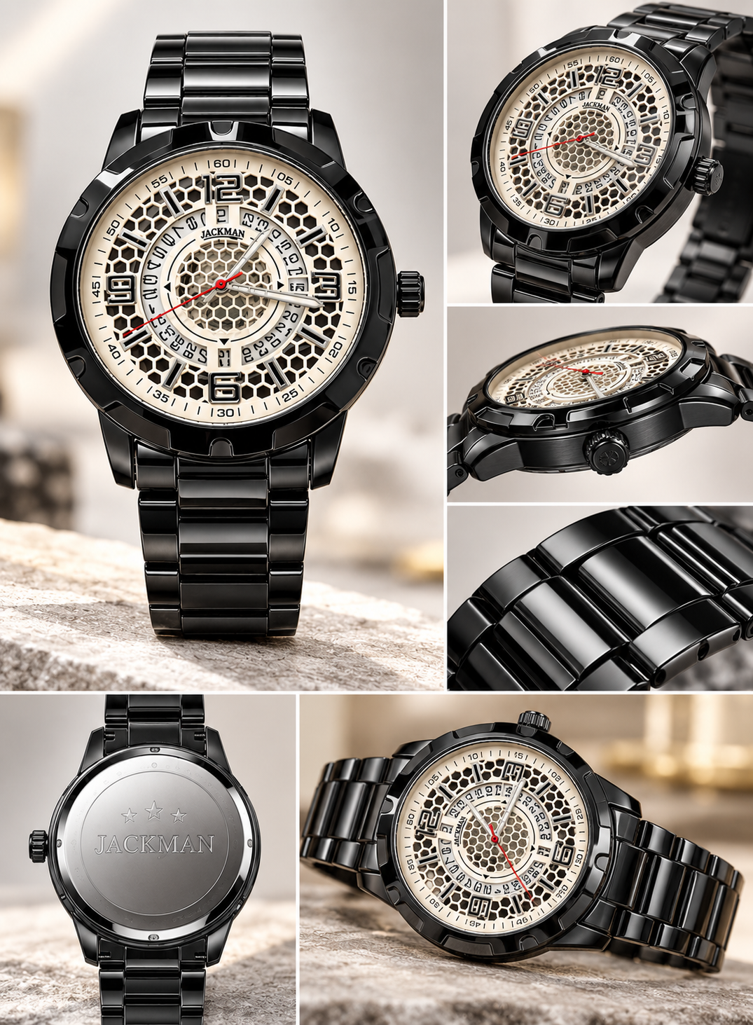 Jackman Men’s Luxury Black Stainless Steel Honeycomb Dial Watch | Dune Style