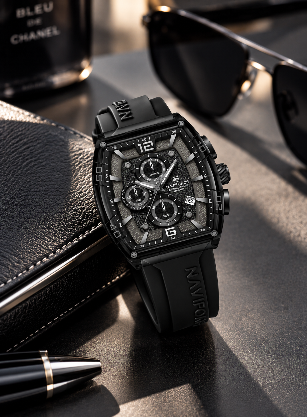 NAVIFORCE Men's Black Chronograph Sports Watch with Silicone Strap