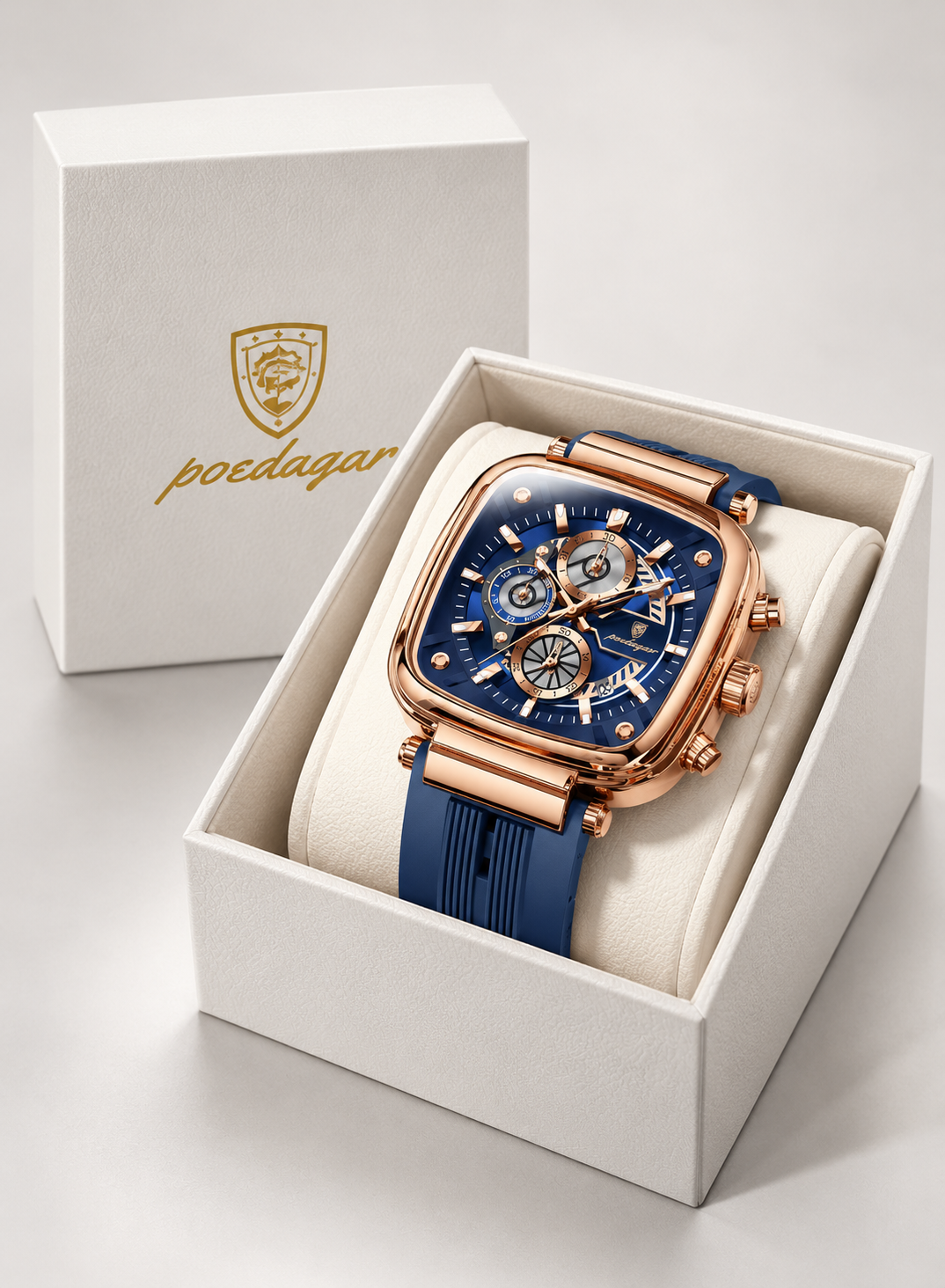 Men's Chronograph Watch – Rose Gold Case & Navy Blue Strap
