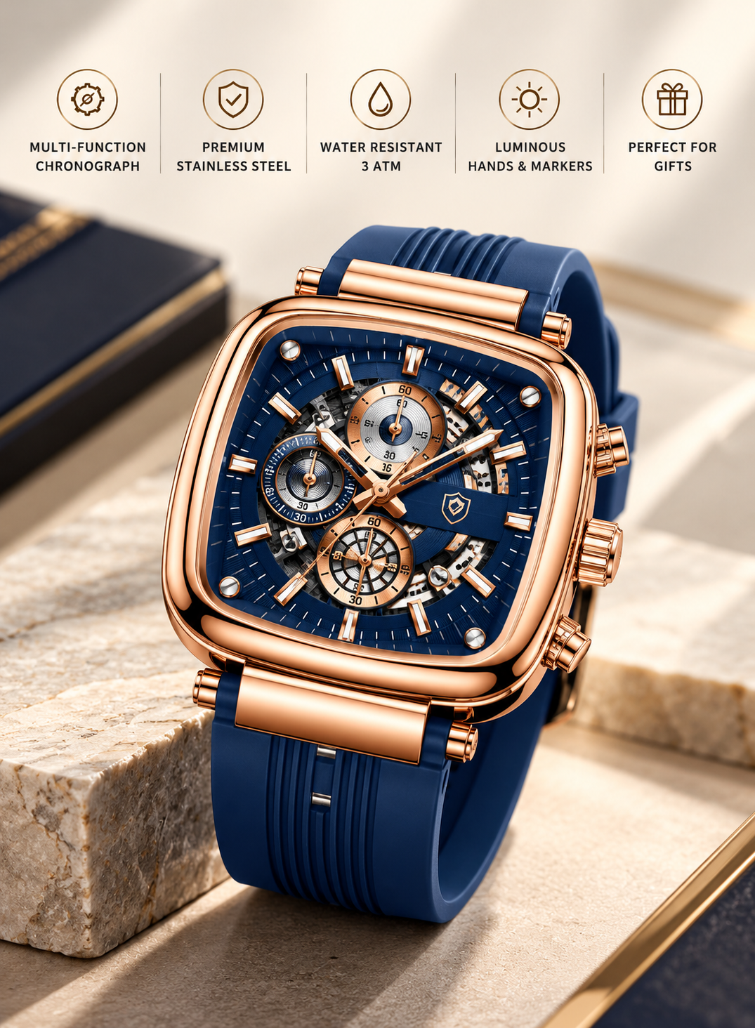 Men's Chronograph Watch – Rose Gold Case & Navy Blue Strap
