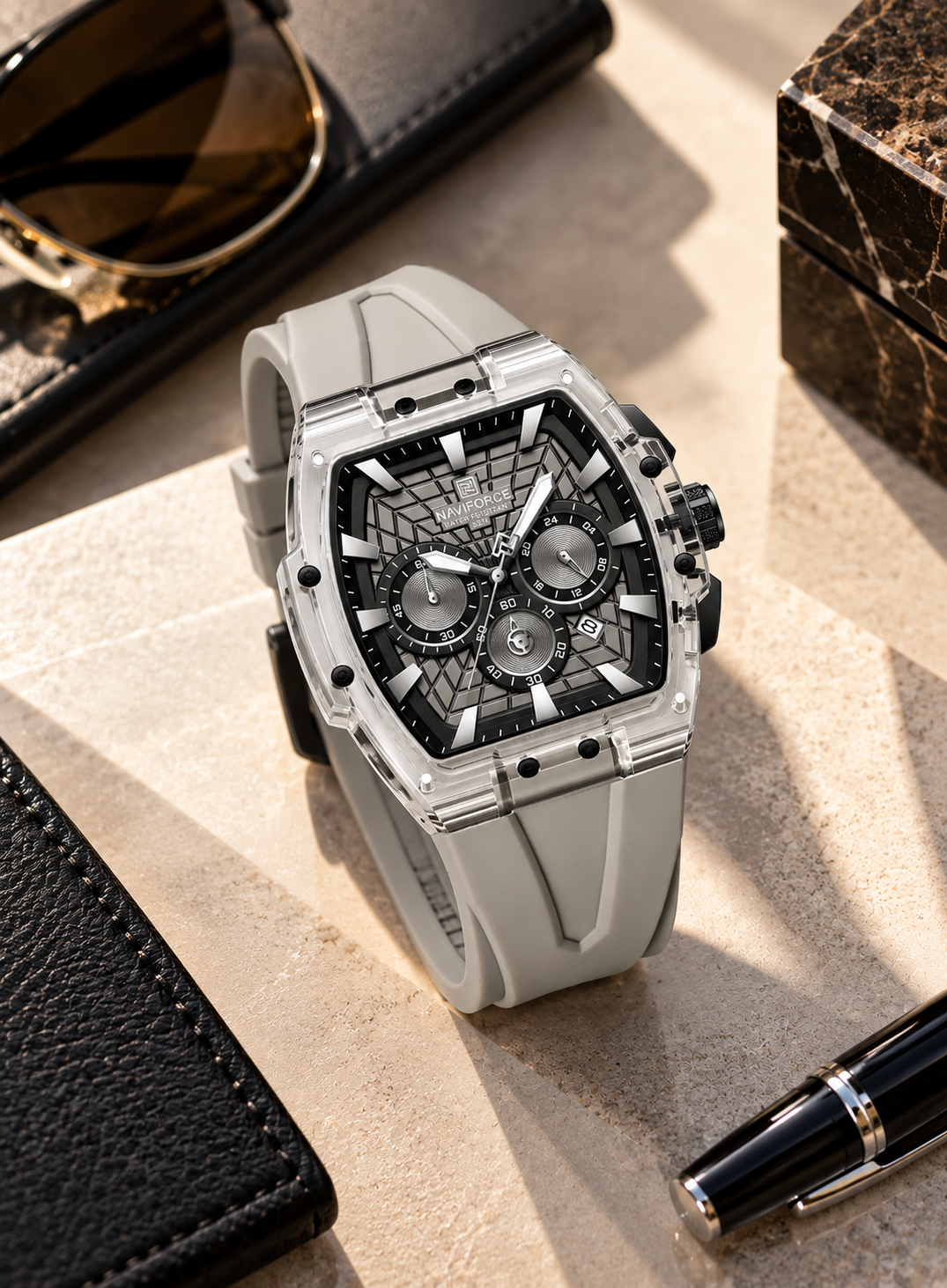 NAVIFORCE Men's Grey Strap Chronograph Sports Watch – Black & Silver Dial