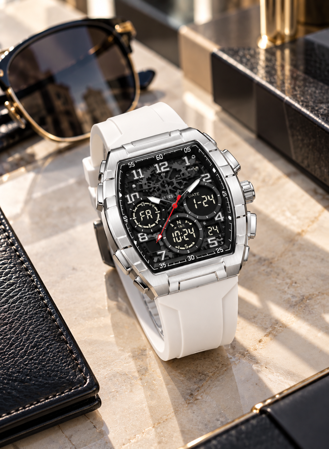 Men's White Digital Analog Sports Watch – Silver Case & Black Dial