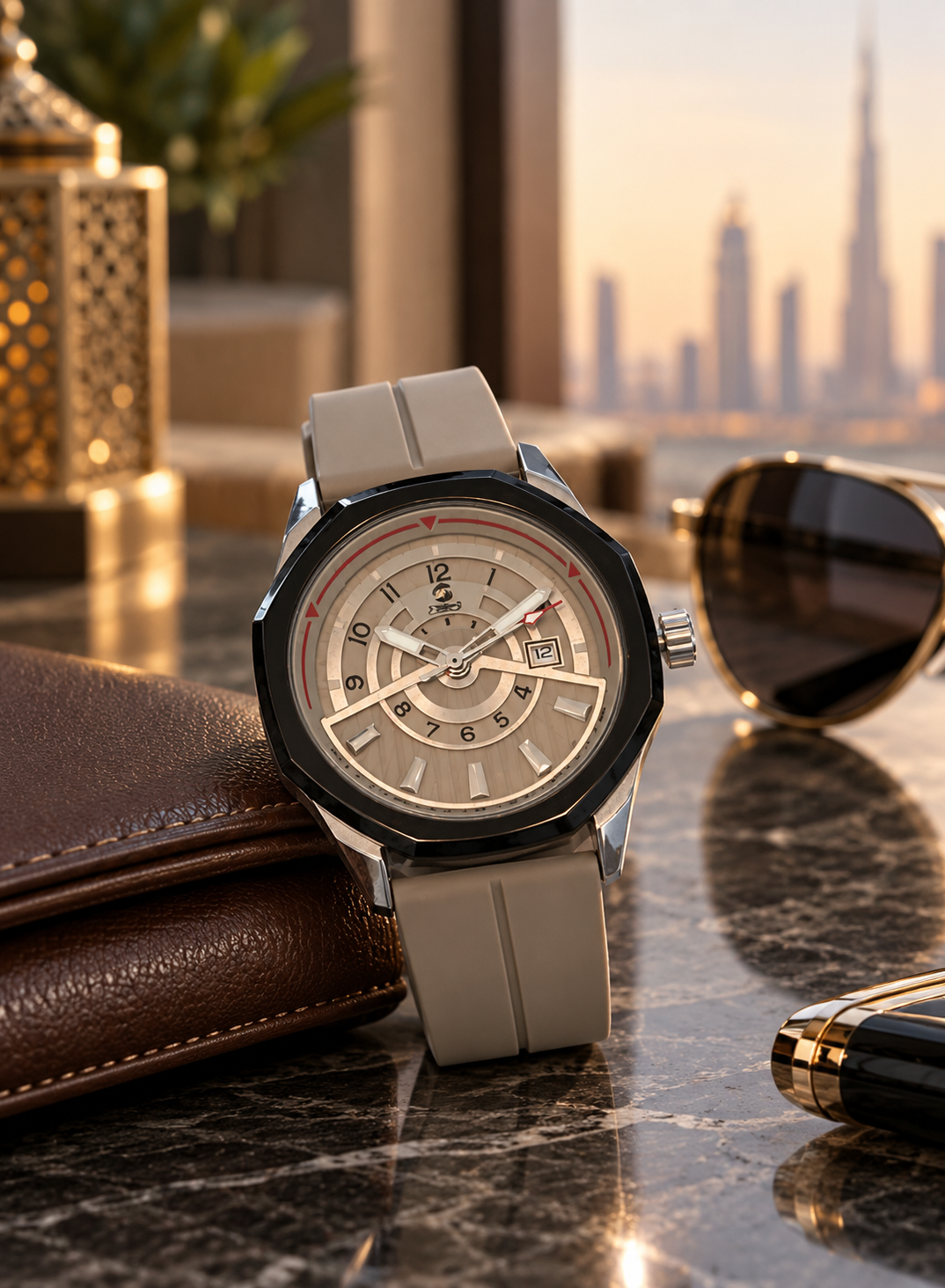 Men’s Luxury Analog Watch – Beige Strap, Black Bezel & Date Display | Dune Style