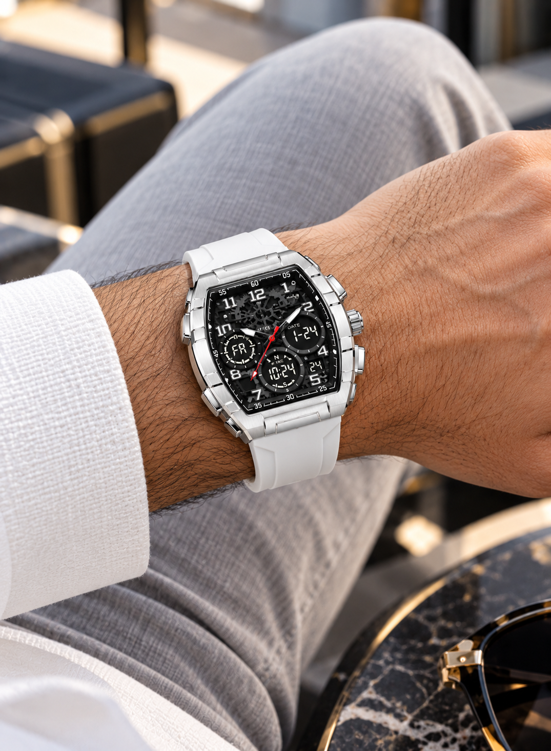 Men's White Digital Analog Sports Watch – Silver Case & Black Dial