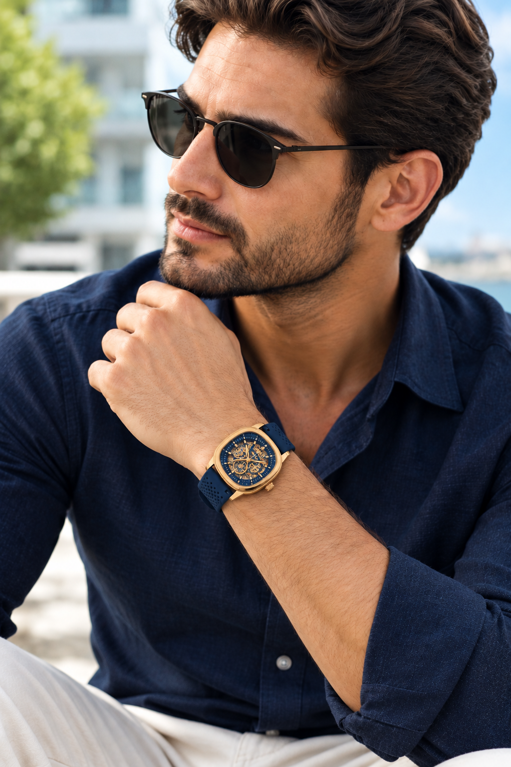 Lee Cooper London Men's Automatic Skeleton Watch – Gold & Blue, Silicone Strap | Dune Style