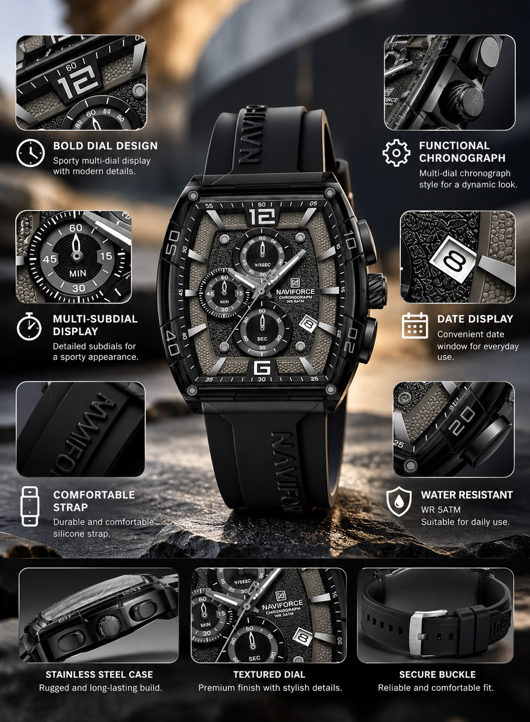 NAVIFORCE Men's Black Chronograph Sports Watch with Silicone Strap