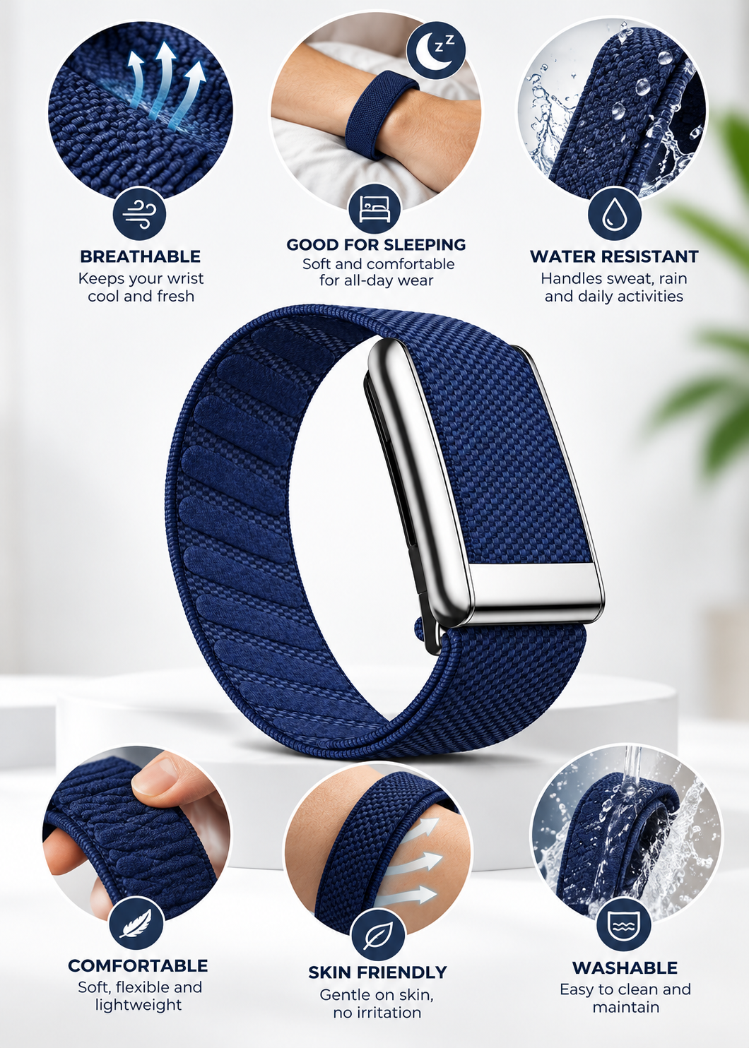 Navy Blue Woven Smartwatch Band with Silver Clasp – Comfortable Sports Strap