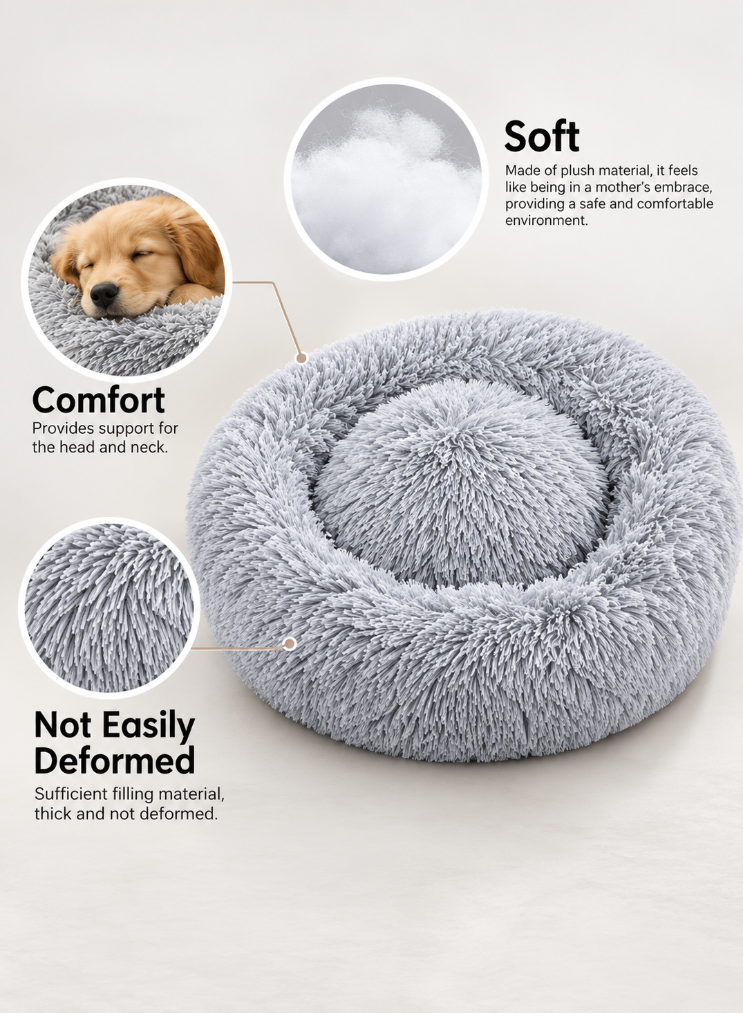 Grey Fluffy Dog & Cat Bed – Soft Plush Donut Calming Pet Bed