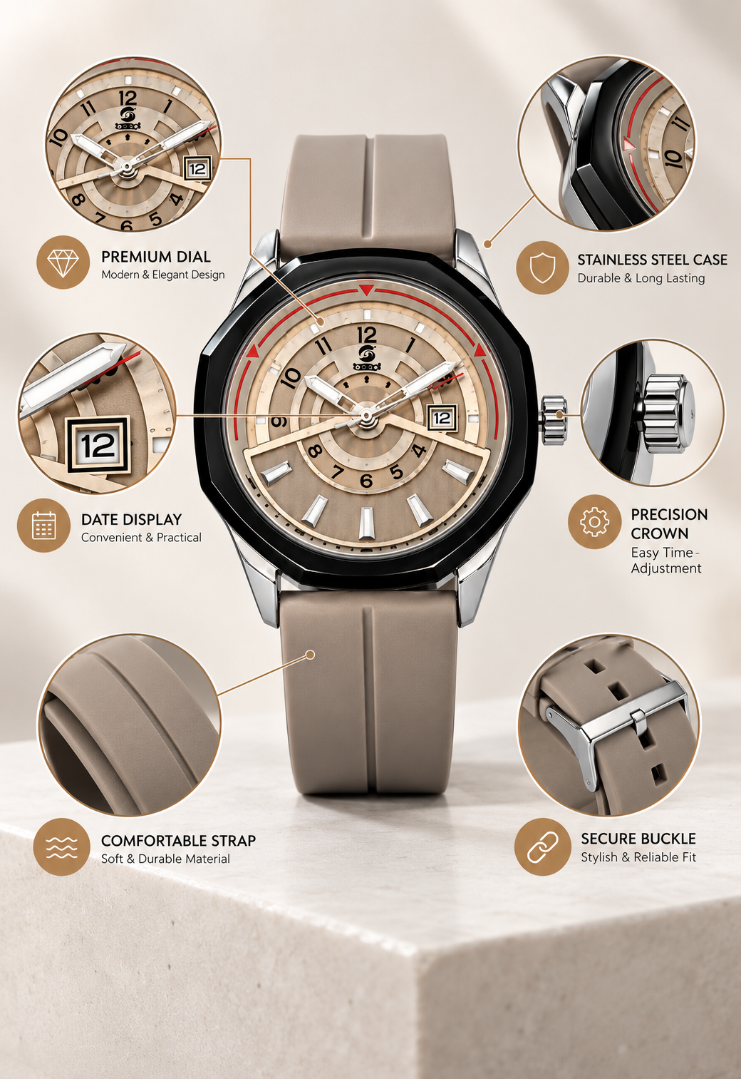 Men’s Luxury Analog Watch – Beige Strap, Black Bezel & Date Display | Dune Style