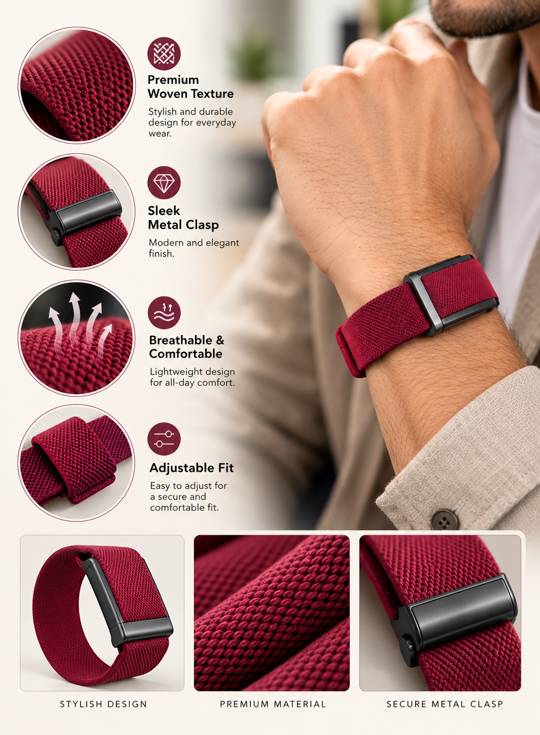 Burgundy Woven Smartwatch Band with Dark Metal Clasp