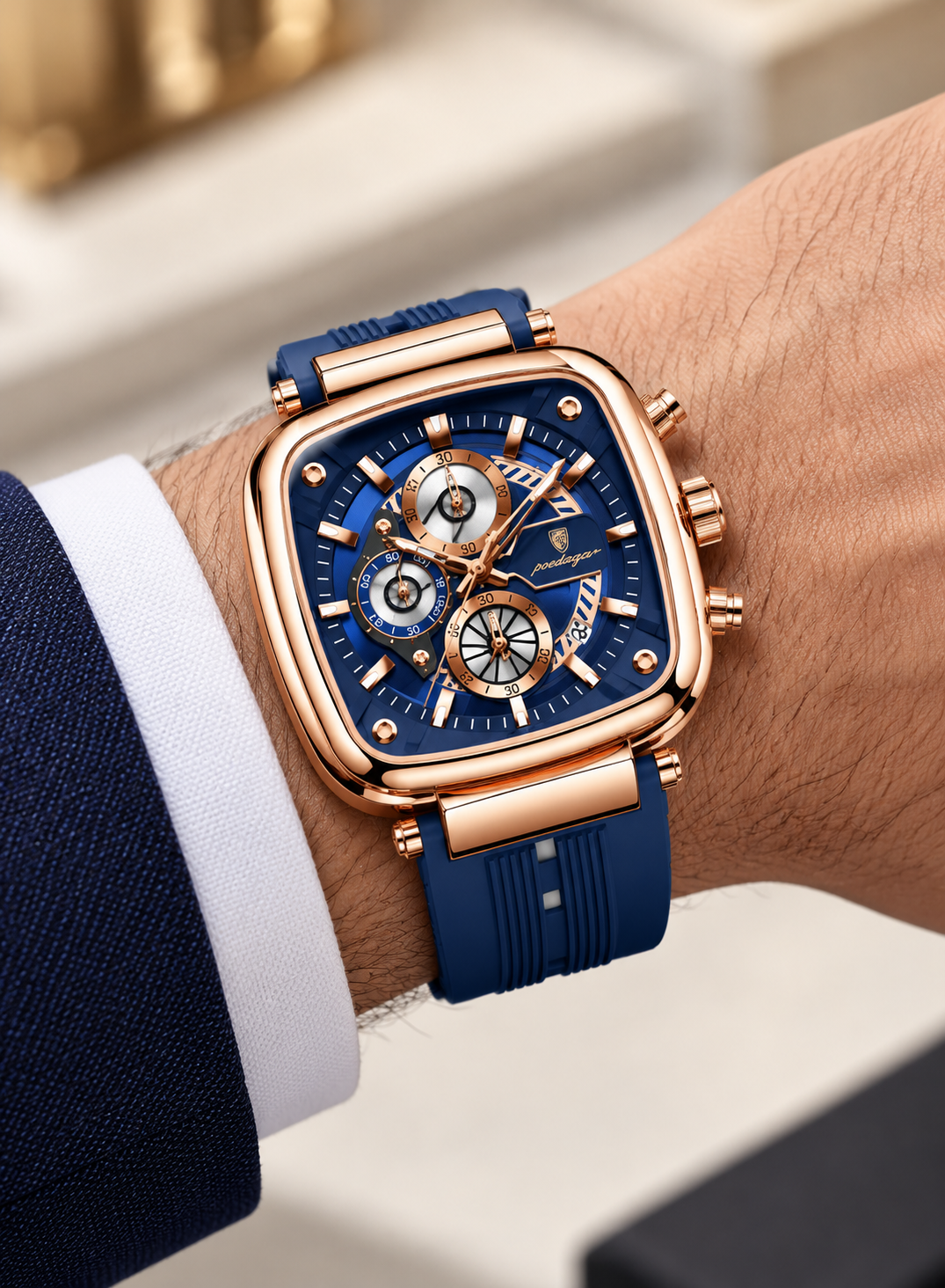 Men's Chronograph Watch – Rose Gold Case & Navy Blue Strap