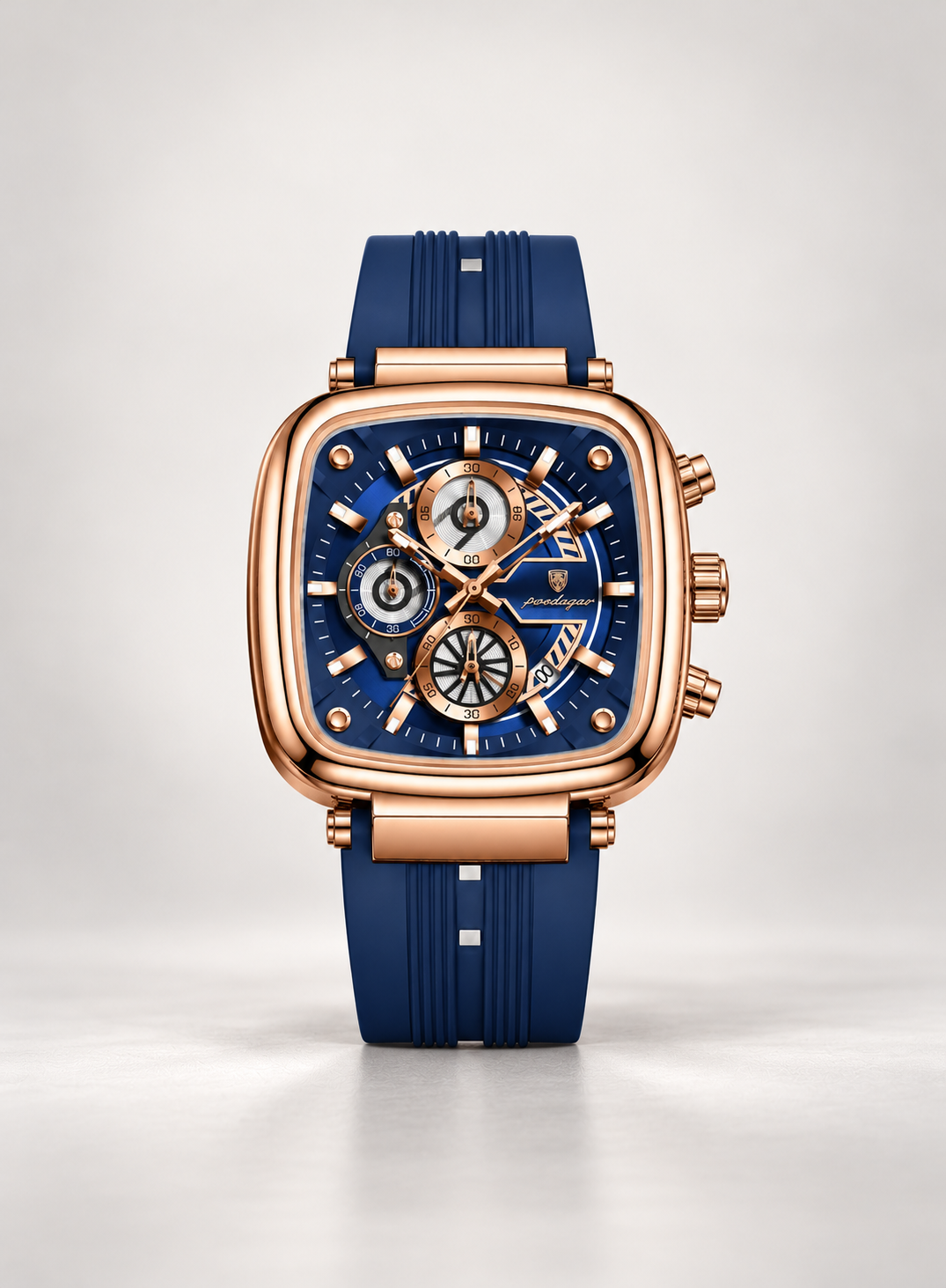 Men's Chronograph Watch – Rose Gold Case & Navy Blue Strap