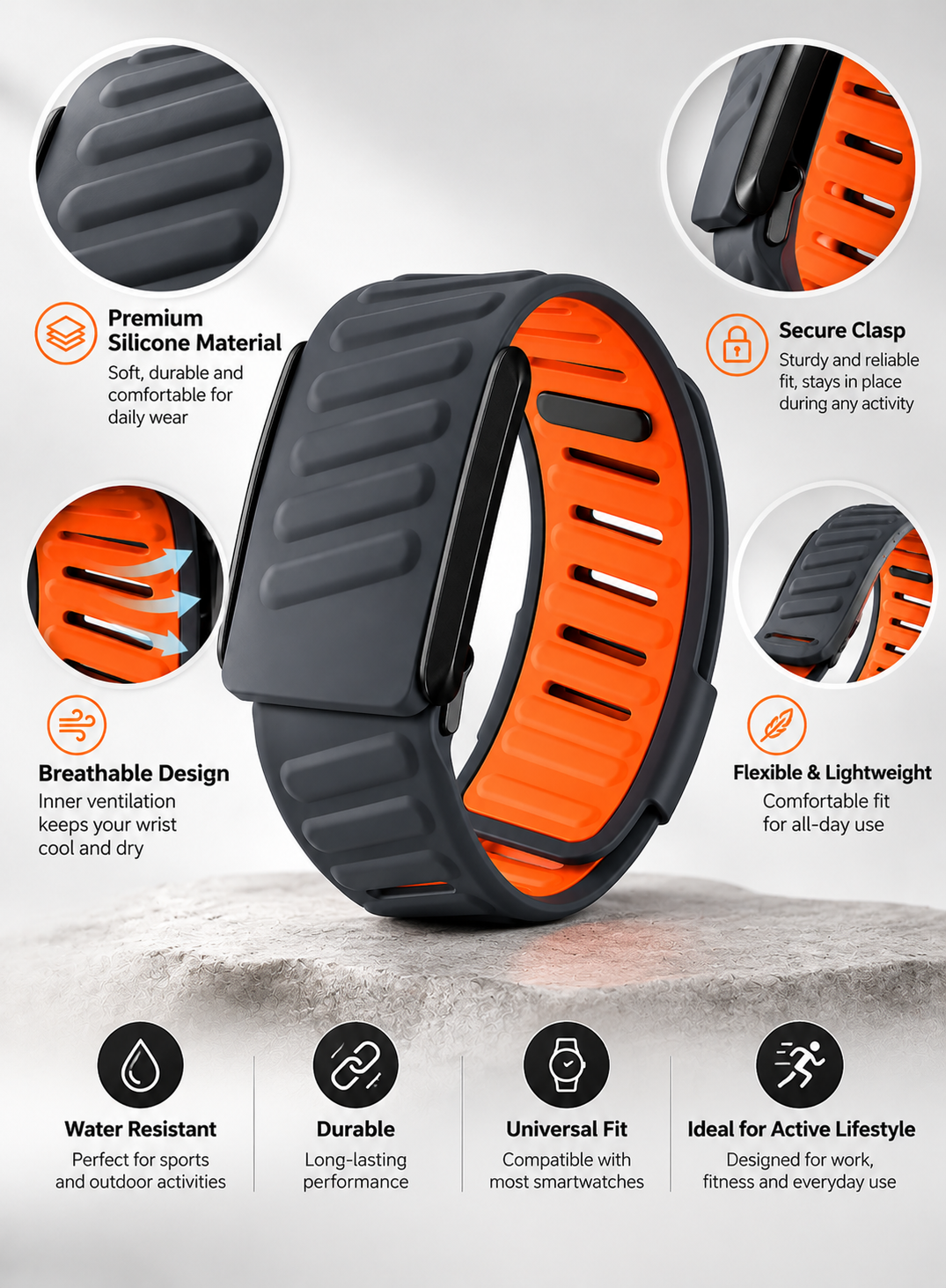 Charcoal Gray & Orange Sports Watch Band – Breathable Silicone Strap