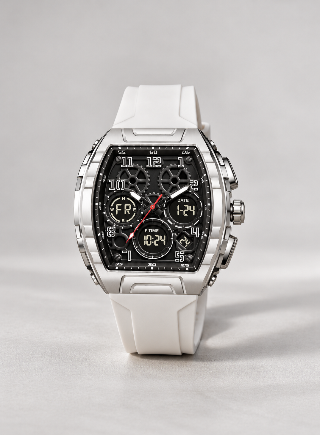 Men's White Digital Analog Sports Watch – Silver Case & Black Dial