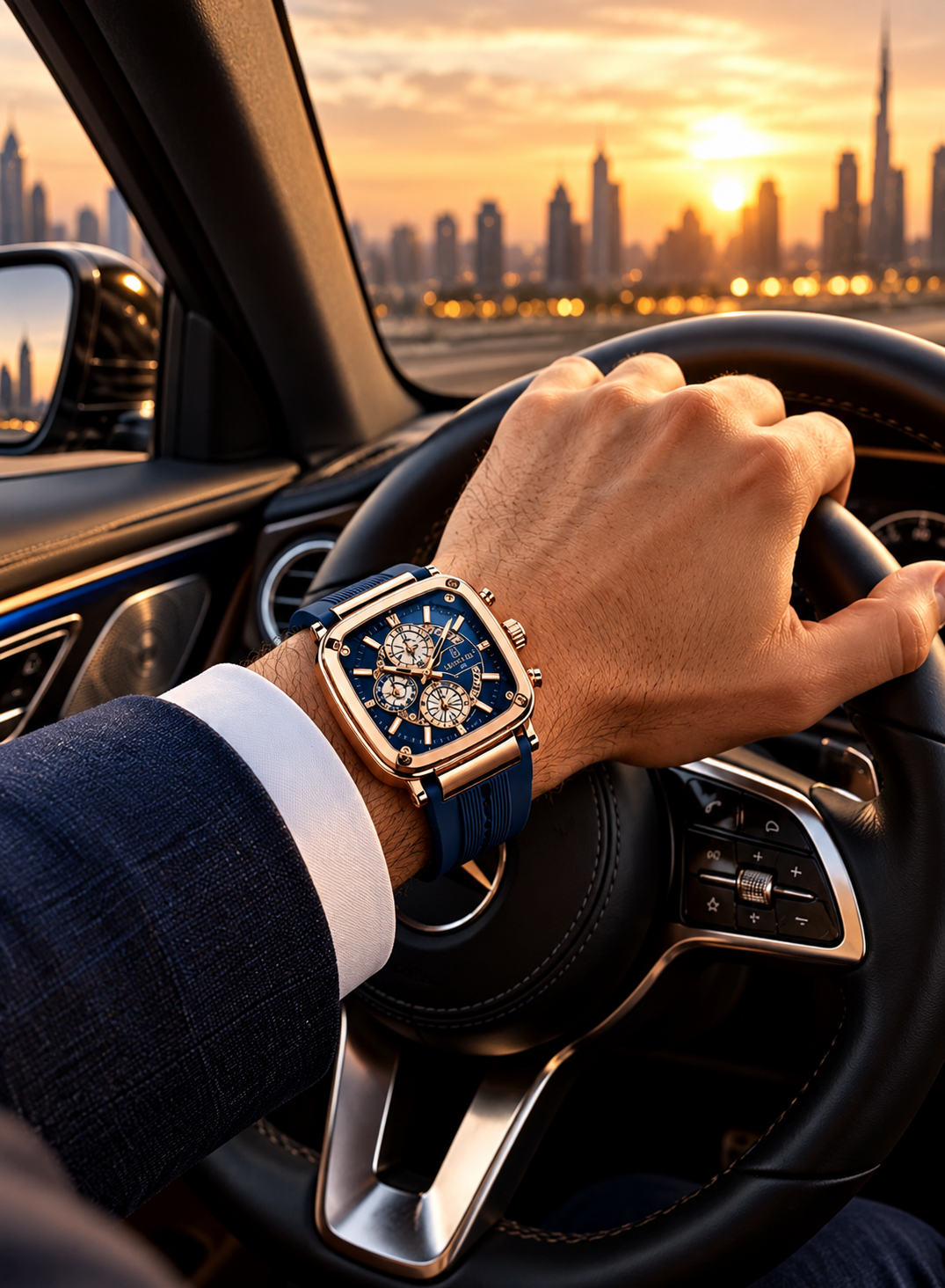 Men's Chronograph Watch – Rose Gold Case & Navy Blue Strap