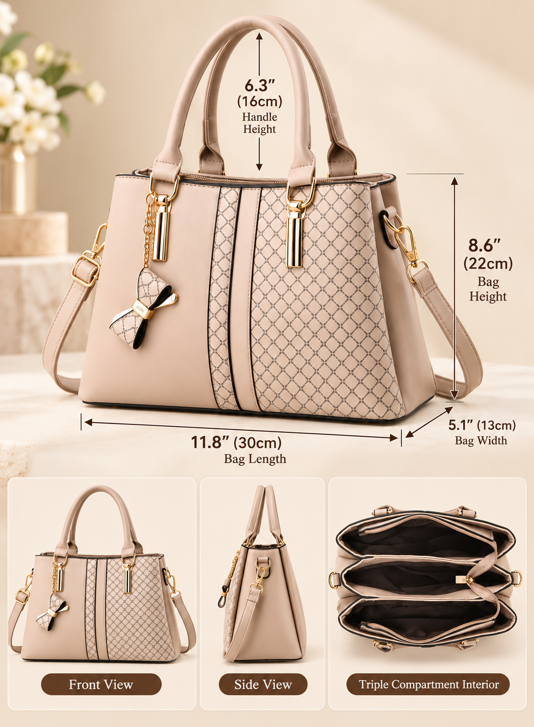Women's Elegant Beige Handbag with Triple Compartments & Gold Hardware