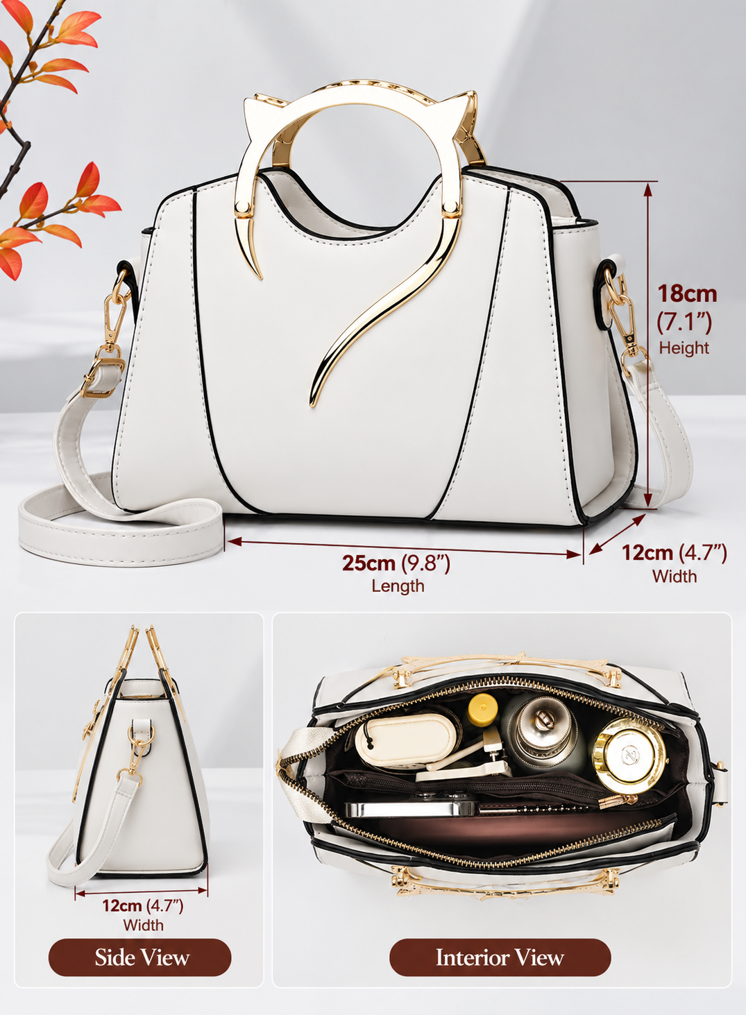 Elegant Women's White Handbag – Unique Gold Handle Design