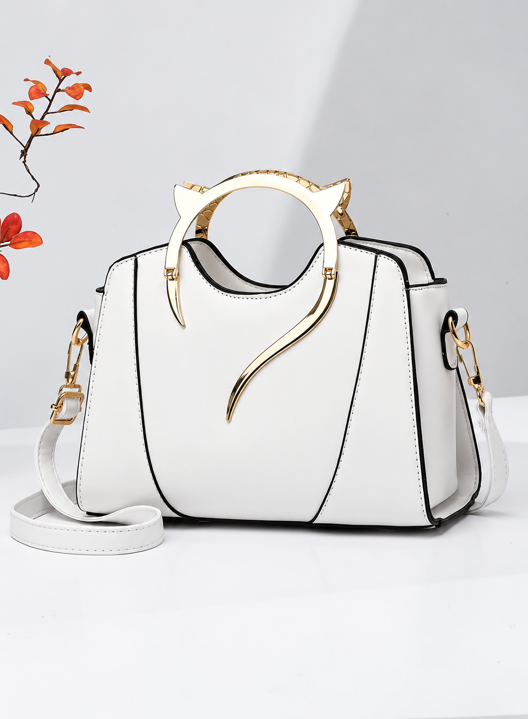 Elegant Women's White Handbag – Unique Gold Handle Design