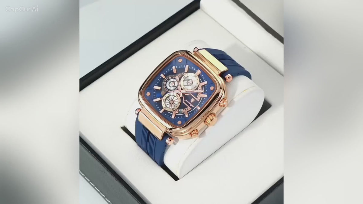 Men's Chronograph Watch – Rose Gold Case & Navy Blue Strap